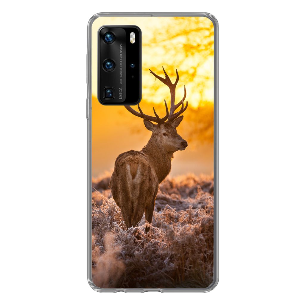 MuchoWow Handyhülle Schutzhülle Hülle für Huawei P40 Pro Hirsche - Tiere - Sonnenuntergang - Winter - Heidekraut - Natur Silikon Softcase Han...