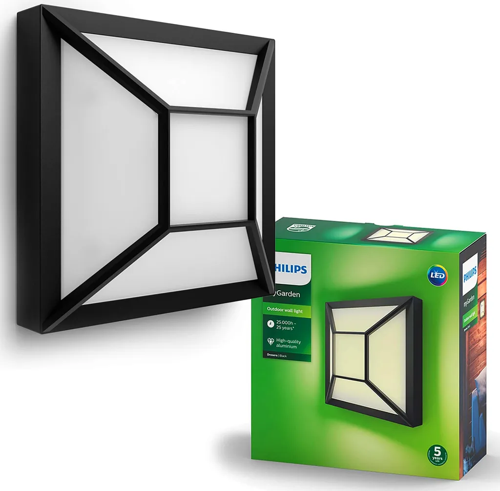 Lampe Extérieure Murale LED Ronde Noire Philips Drosera IP44 pour Façade