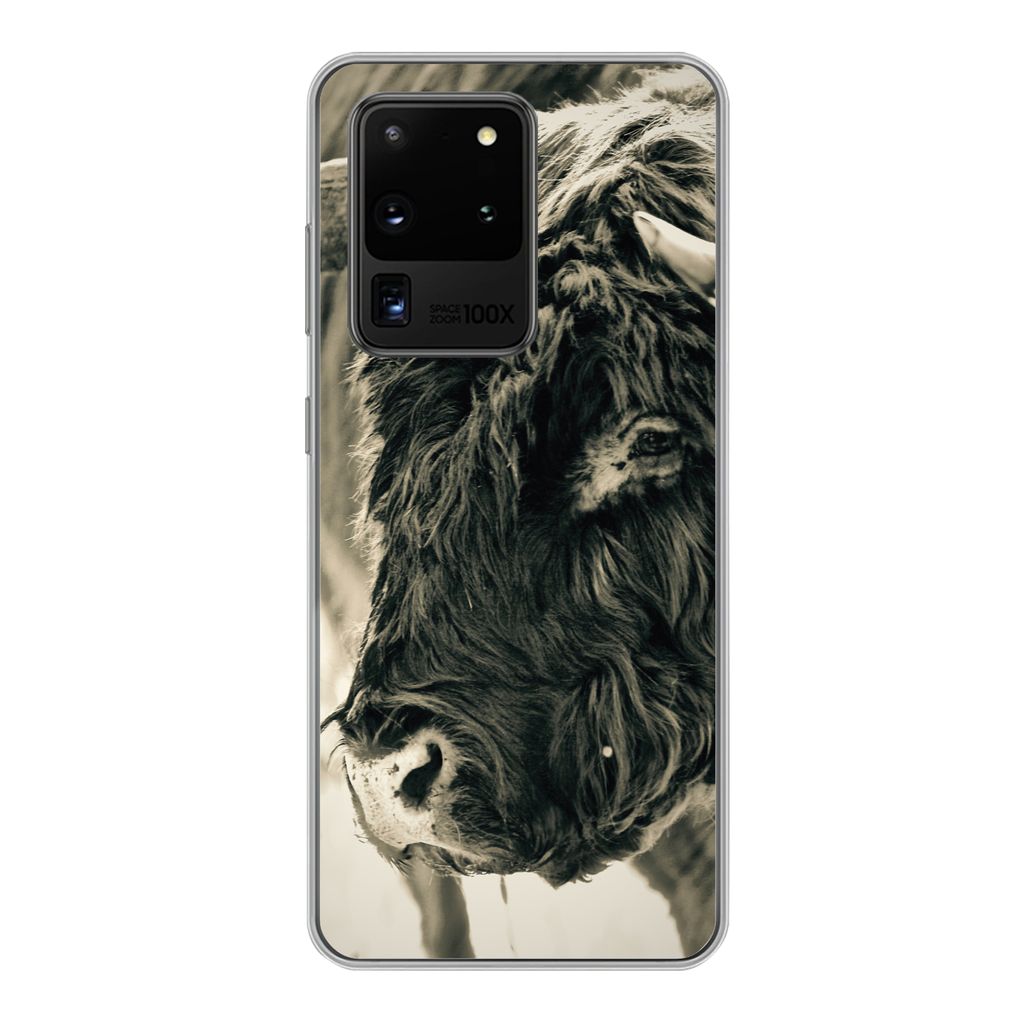 MuchoWow Handyhülle Schutzhülle Hülle für Samsung Galaxy S20 Ultra Schottischer Highlander - Schnee - Hörner Silikon Softcase Handy Hülle -...