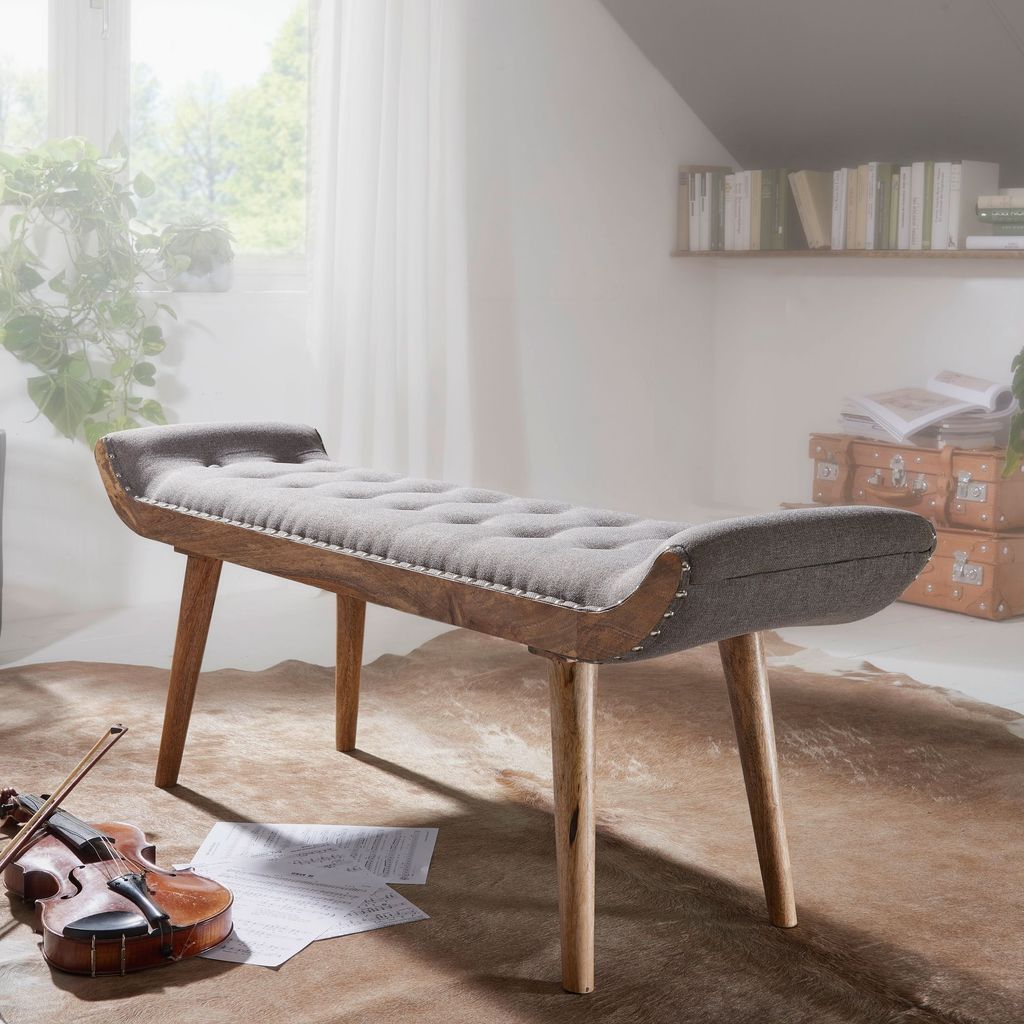 FineBuy Sitzbank Stoff / Massivholz Bank Grau 125x51x38 cm Chesterfield-Design Polsterbank Flur Stoffbank Bettbank 2 Personen Flurbank Modern