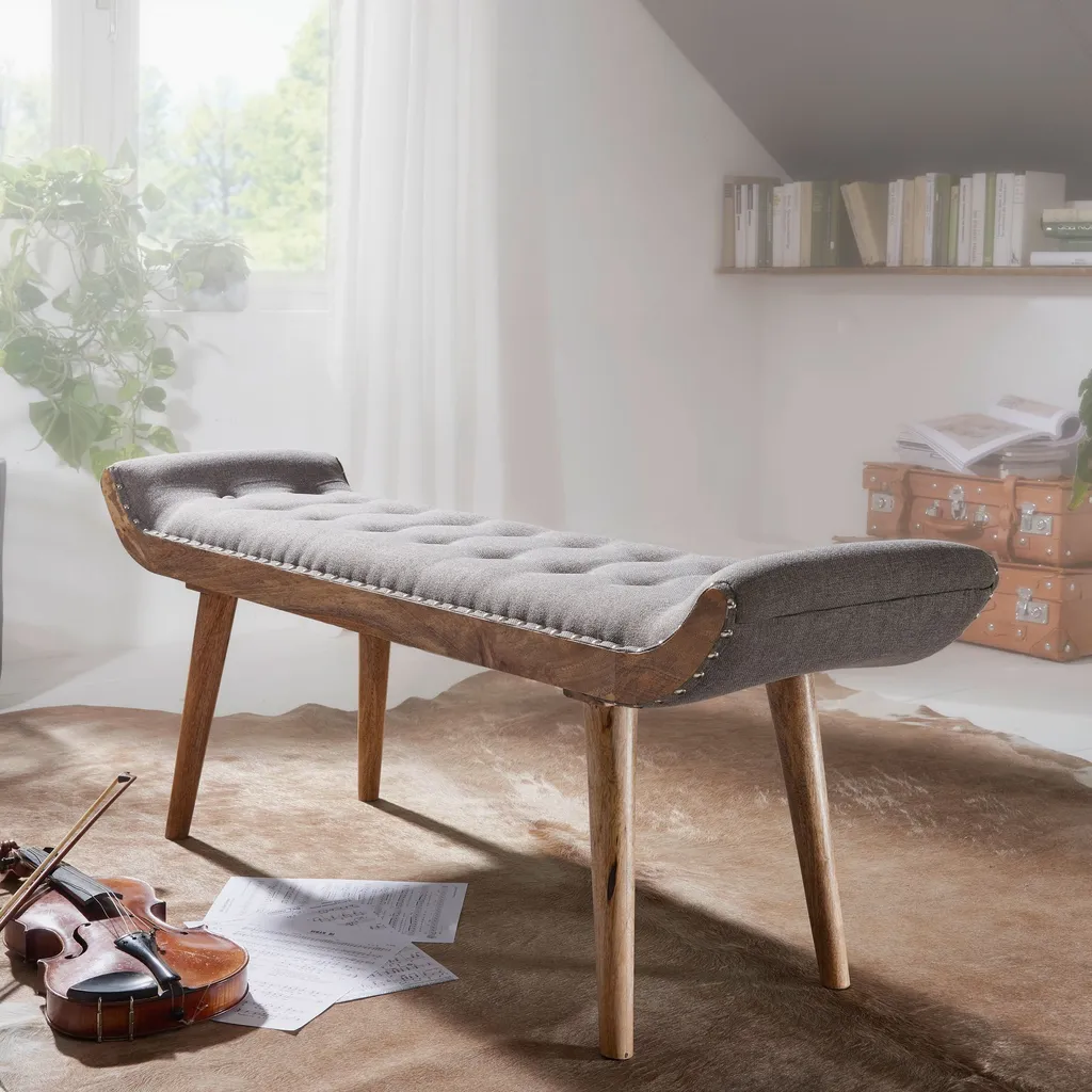 Banquette d'Intérieur Stable en Bois Massif et Tissu Gris Confortable