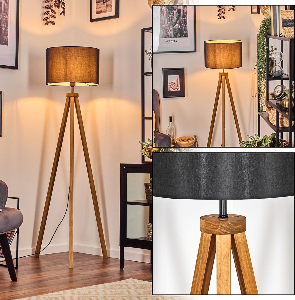 Tubione Stehlampe aus Holz/Metall mit Schirm aus Stoff (Ø 45 cm)