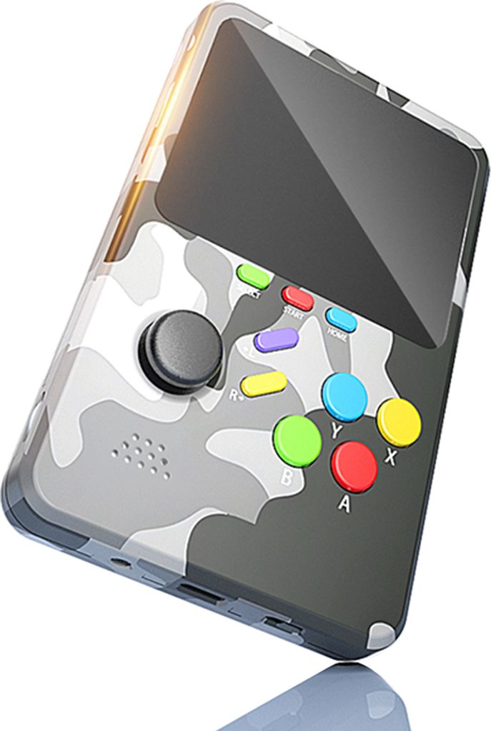 A handheld gaming console with a camouflage pattern.