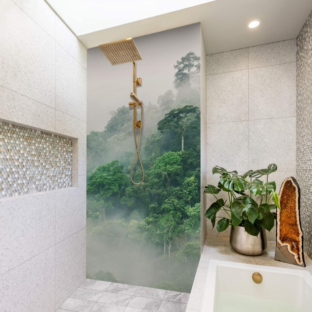 Duschrückwand Wald selbstklebend - 0.61 mm Wandpaneel wasserfest Dschungel grün Tropisch Badrückwand fugenlos Premium matt 80x210 cm