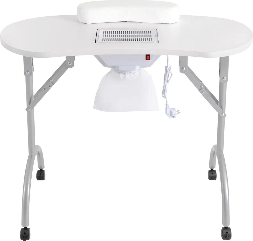 Manikürtisch - Nageltisch Arbeitsstation - Tragbar - Klappbar - Mit Absaugung - Handgelenkpolster - Rollen - Metallgestell - Weiß