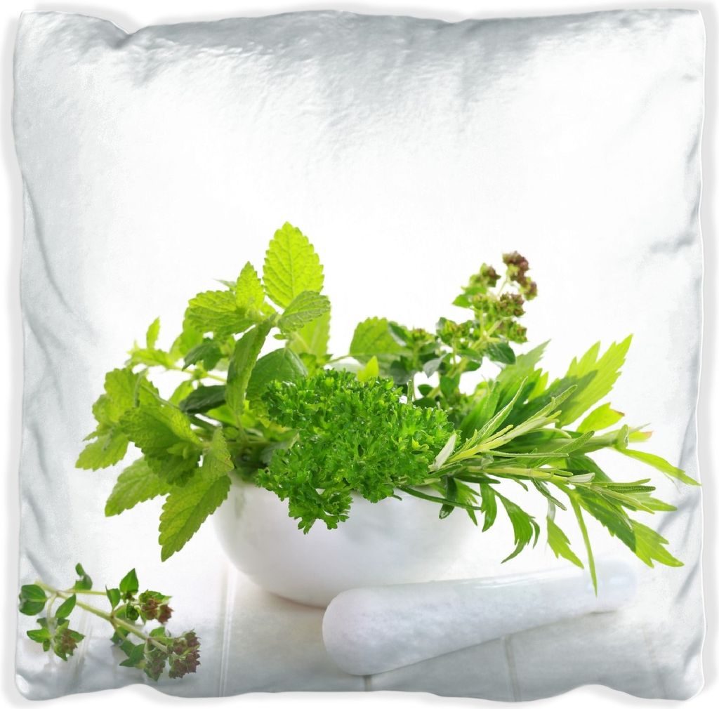 Wallario Premium Kissen, weiche Oberfläche, mit Motiv Welt der Kräuter - verschiedene Kräuter in einem weißen Mörser, Größe: 40 x 40 cm, mit...