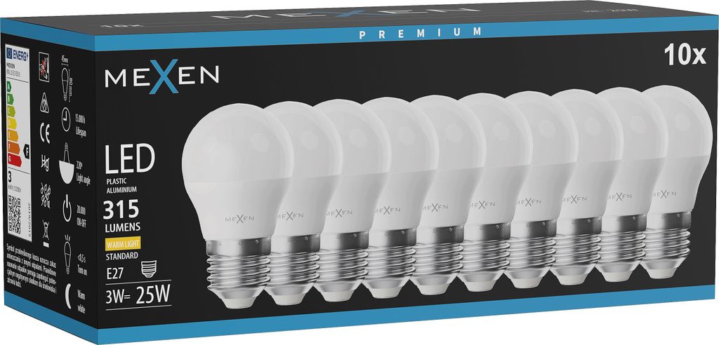 Mexen Nova 10x LED žiarovka E27, G45, 3W, teplá - 3000K, Obrázok produktu 