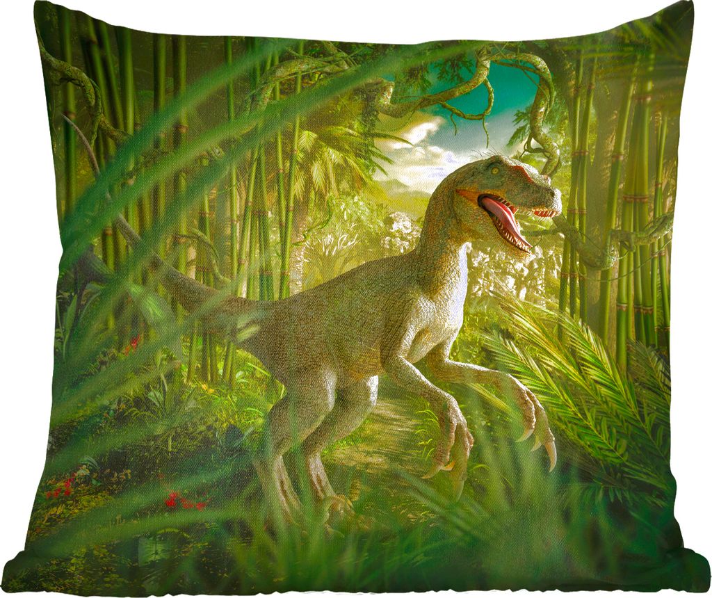 MuchoWow Zierkissen Sofakissen Wohnzimmer Dekokissen 45x45 cm Dinosaurier - Pflanzen - Grün - Illustration - Kinder - Jungen - Schlafpolster - P...