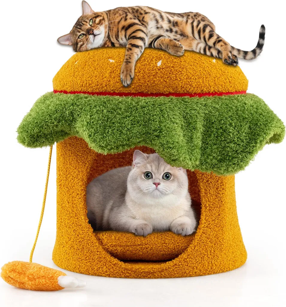 Couchage pour chats design hamburger orange pour sieste et cachette calme