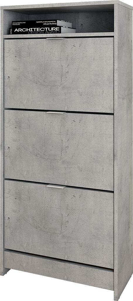 A tall, narrow shoe cabinet with a concrete-like finish and three flip-down drawers. There are two books on the top shelf.