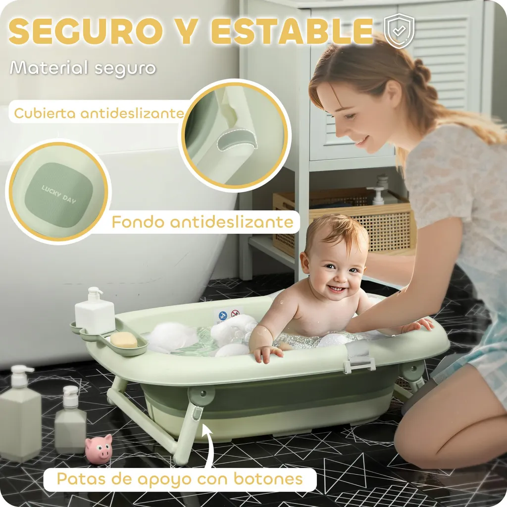 Baignoire Bébé Pliable avec Vidange Rapide - Design Compact Vert Pastel - 5