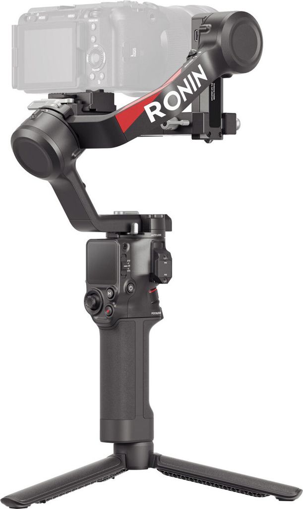 A black camera gimbal stabilizer with a red and white logo on an arm, mounted on a small tripod, with the base of a camera visible at the top.