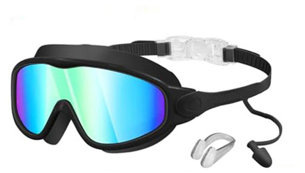 Schwimmbrille für Kinder mit Nasenclip und Ohrstöpseln, beschlagfrei, UV-Schutz, bruchsichere Gläser für Jungen und Mädchen