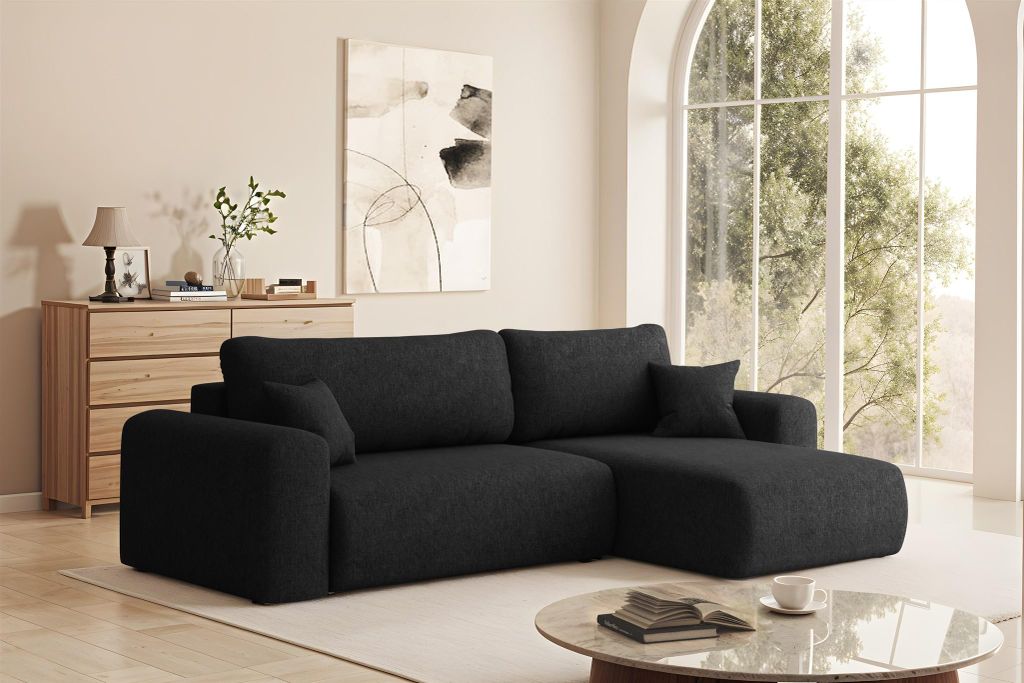 Ecksofa Schlafsofa FLORA Stoff Verita Schwarz Ottomane Rechts