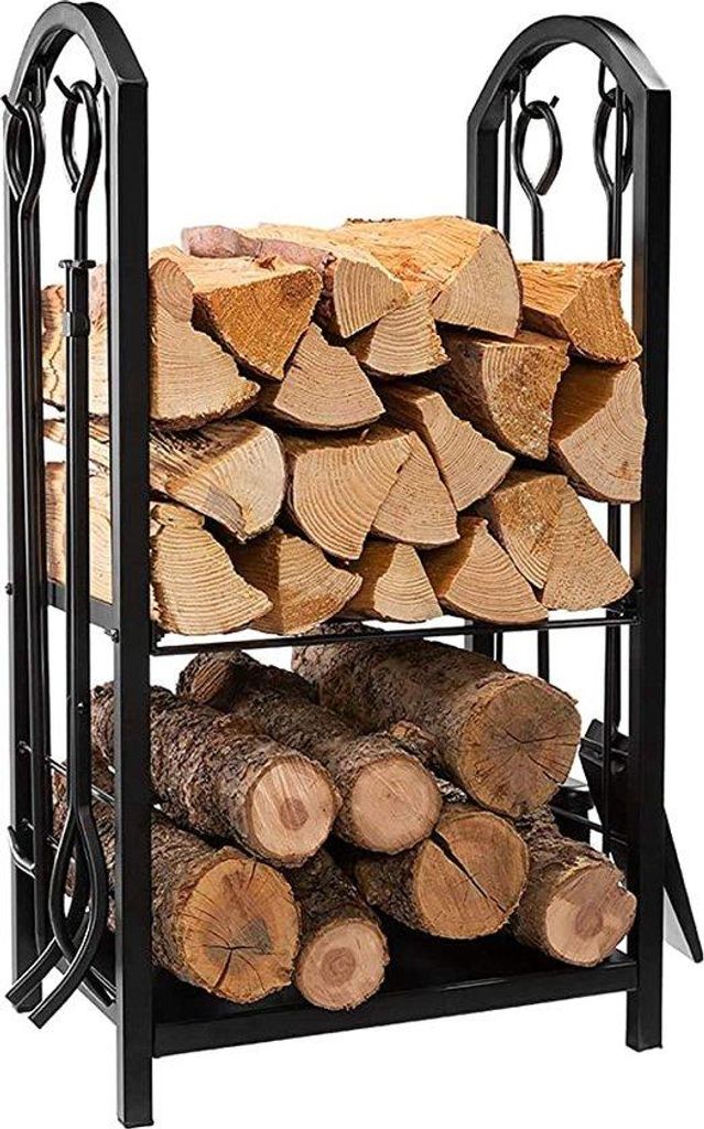 Kaminzubehör aus Holz und Stahl, 45x40x69cm, vertikal, mit Haken und Stahlablage