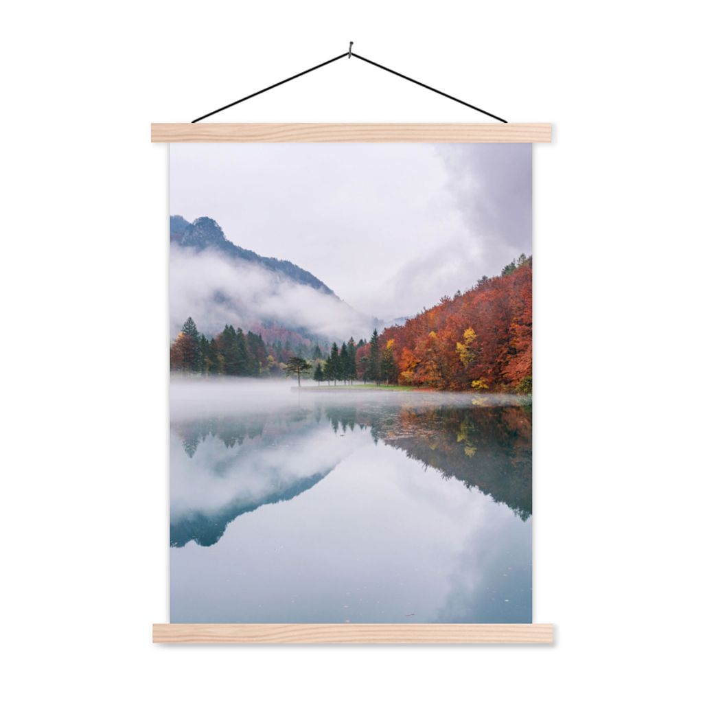 MuchoWow Textilposter Herbst - Nebel - Wasser - Landschaft 120x160 cm mit holzfarbenen Rahmen - Plakatkarton