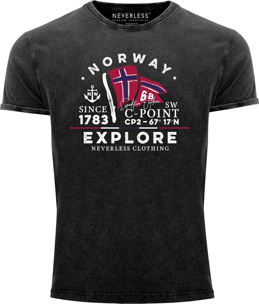 Herren Vintage Shirt Norway Explore norwegische Flagge Norwegen Printshirt Used Look Slim Fit Neverless schwarz XXL