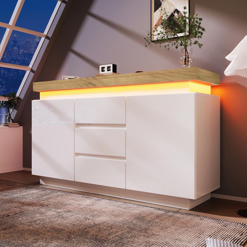 Sweiko Kommode, Hochglanz Sideboard mit 2 Türen und 3 Schubladen, LED Beleuchtung (App Control), Mehrzweckschrank für Wohnzimmer und Schlafzimmer...
