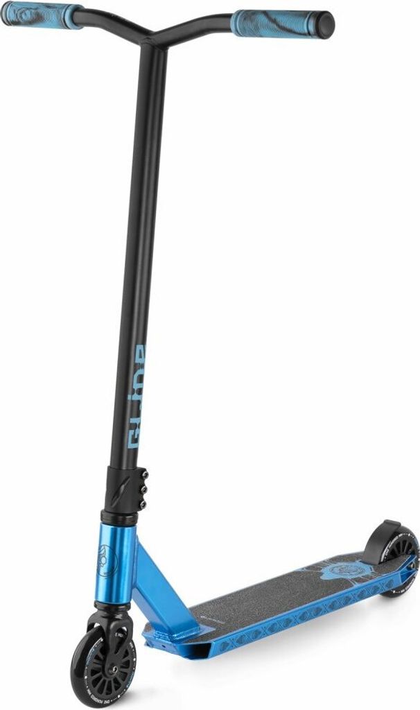 A blue and black stunt scooter is shown against a white background.