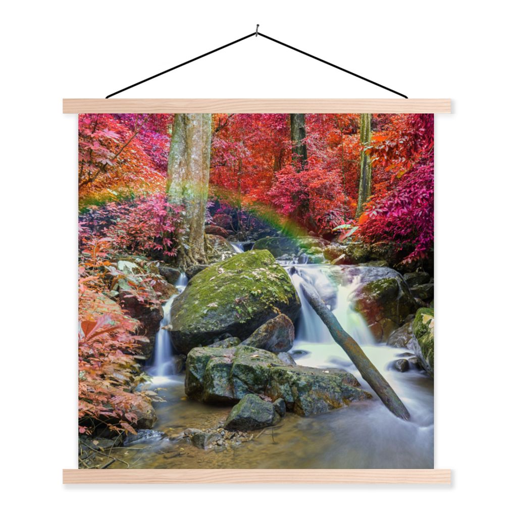 MuchoWow Textilposter Regenbogen - Wasserfall - Bäume - Steine - Moos 60x60 cm mit holzfarbenen Rahmen - Wanddekoration