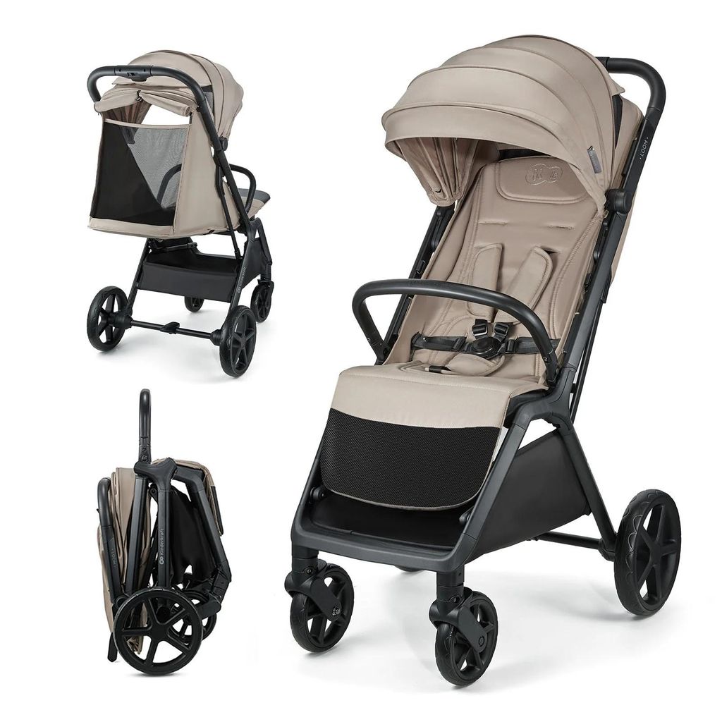 A collage of a beige and black stroller shown in three different states: fully assembled, partially assembled, and folded.