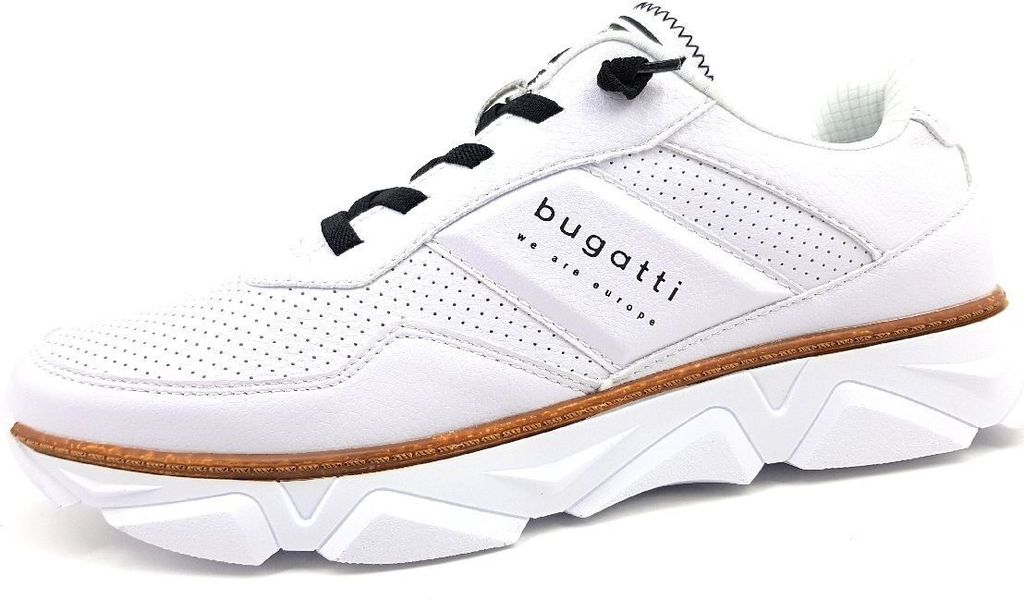 A white Bugatti sneaker is shown from the side against a white background.