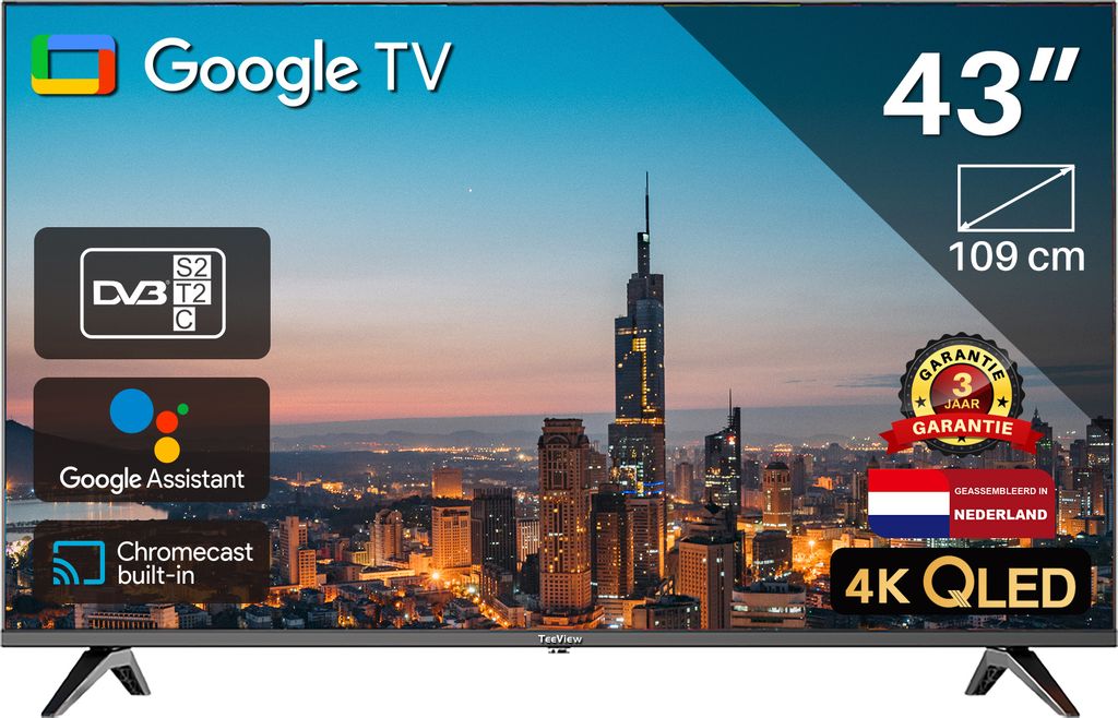 Google Smart TV | TeeView 43 Zoll QLED TV, 4K Ultra HD Google TV | 3x HDMI, 2x USB | Ci+ | Triple Tuner DVB-T/T2/S/S2/C | Rahmenloses Design | In E...