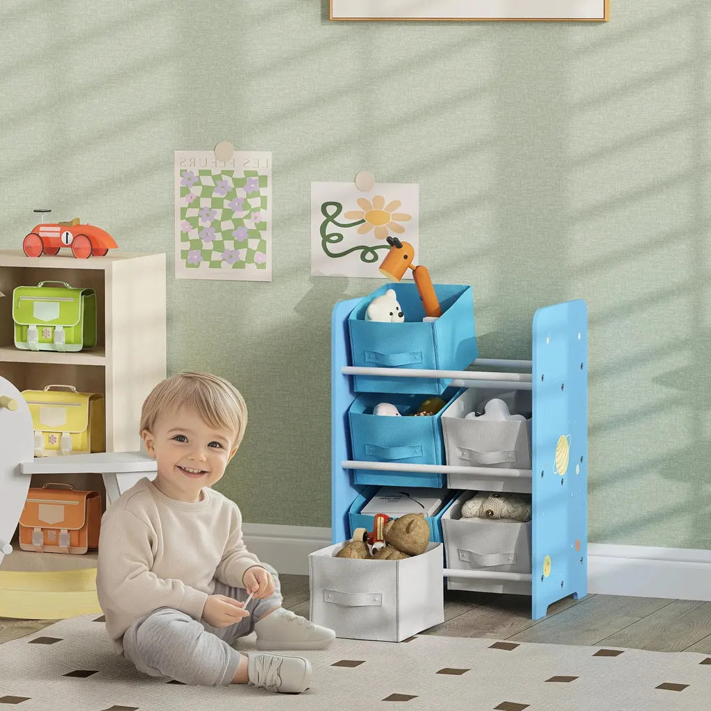Rangement jouets : étagère enfants grise avec 6 boîtes amovibles