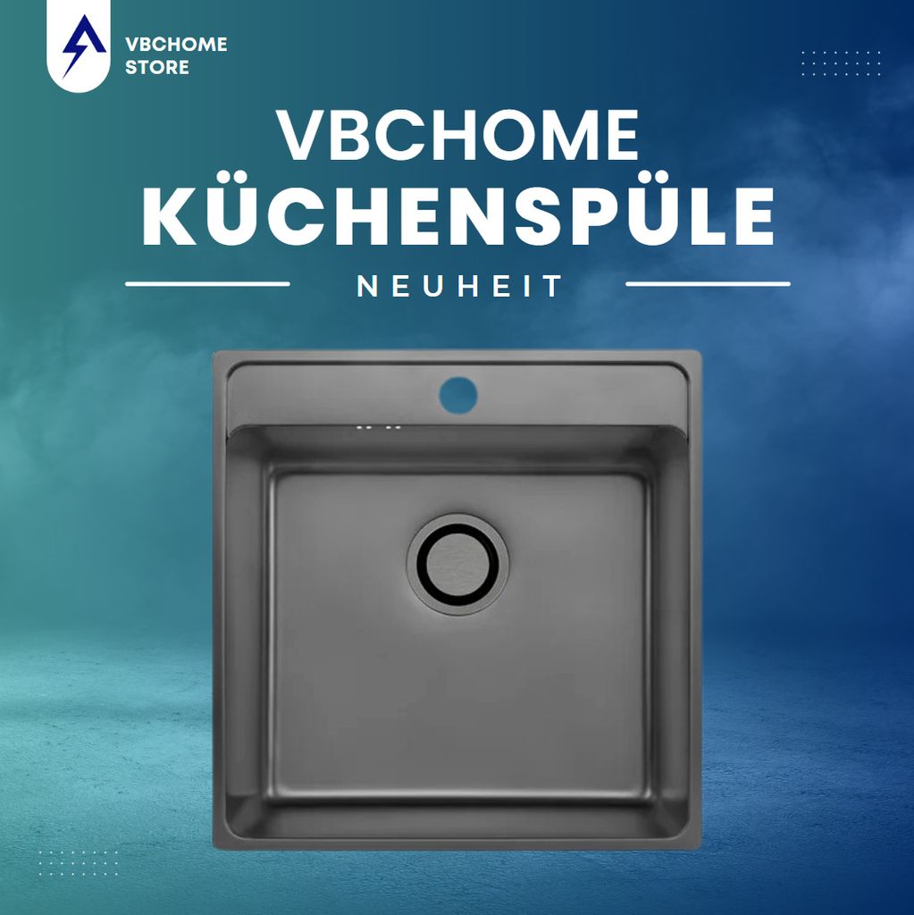 VBChome Edelstahl Einbauspüle 49x48x21 cm – Graphit Leinenstruktur, Großes Becken mit Hahnloch, Küchenspüle inkl. Siphon, robuste Edelstahlsp...