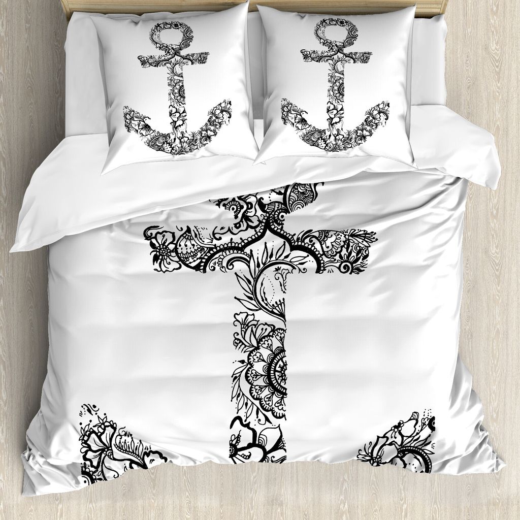 ABAKUHAUS Anker Bettbezug, Anker-Form-Blume, Milbensicher Allergiker geeignet mit Kissenbezügen, 155 cm x 220 cm - 80 x 80 cm, Schwarz-Weiss