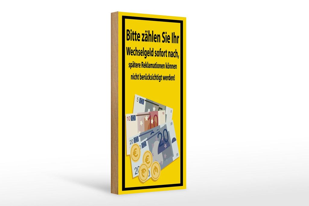 Holzschild Hinweis 10x27cm Bitte Zählen sie ihr Wechselgeld