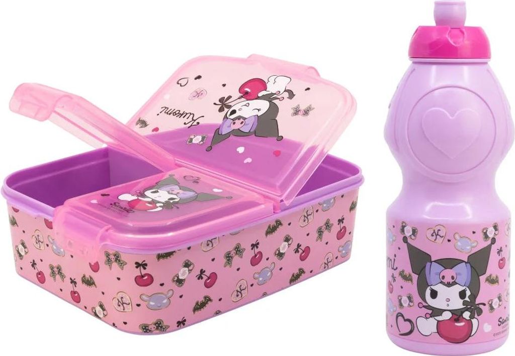 Kuromi Hello Kitty 2 tlg. Lunch Set Brotdose mit 3 Kammern Trinkflasche 400 ml