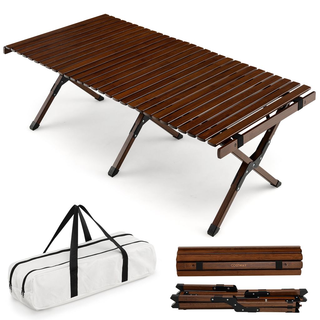 COSTWAY Aufrollbarer Campingtisch aus Bambus, klappbarer Picknicktisch mit Tragetasche, tragbarer Klapptisch für Camping, Grillen, Picknick, Garte...