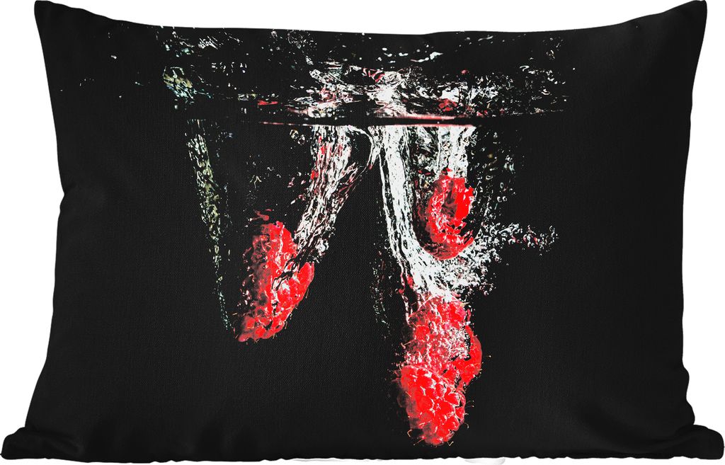 MuchoWow Outdoor Kissen - Himbeeren - Obst - Stilleben - Wasser - Schwarz - Rot - 60x40 cm - Wetterfest - Lounge Kissen - Zierkissen - Kissen fü...