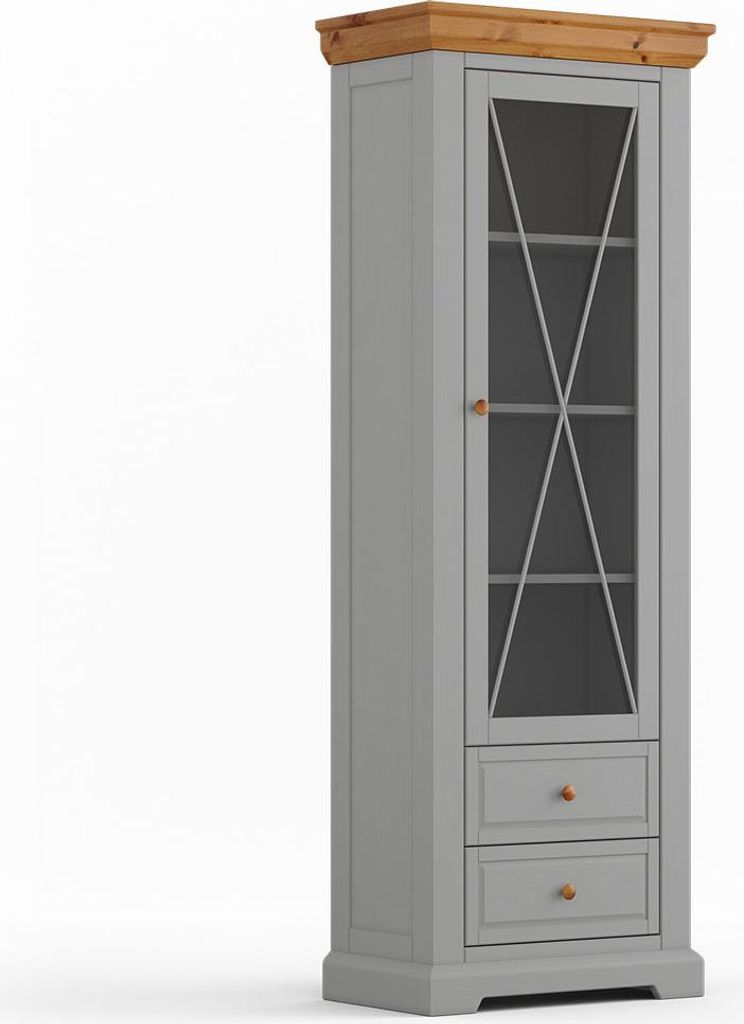 Vitrine Marone Elite Vitrinenschrank Massivholz geölt Ausführung wählbar,grau / Kiefer Natur