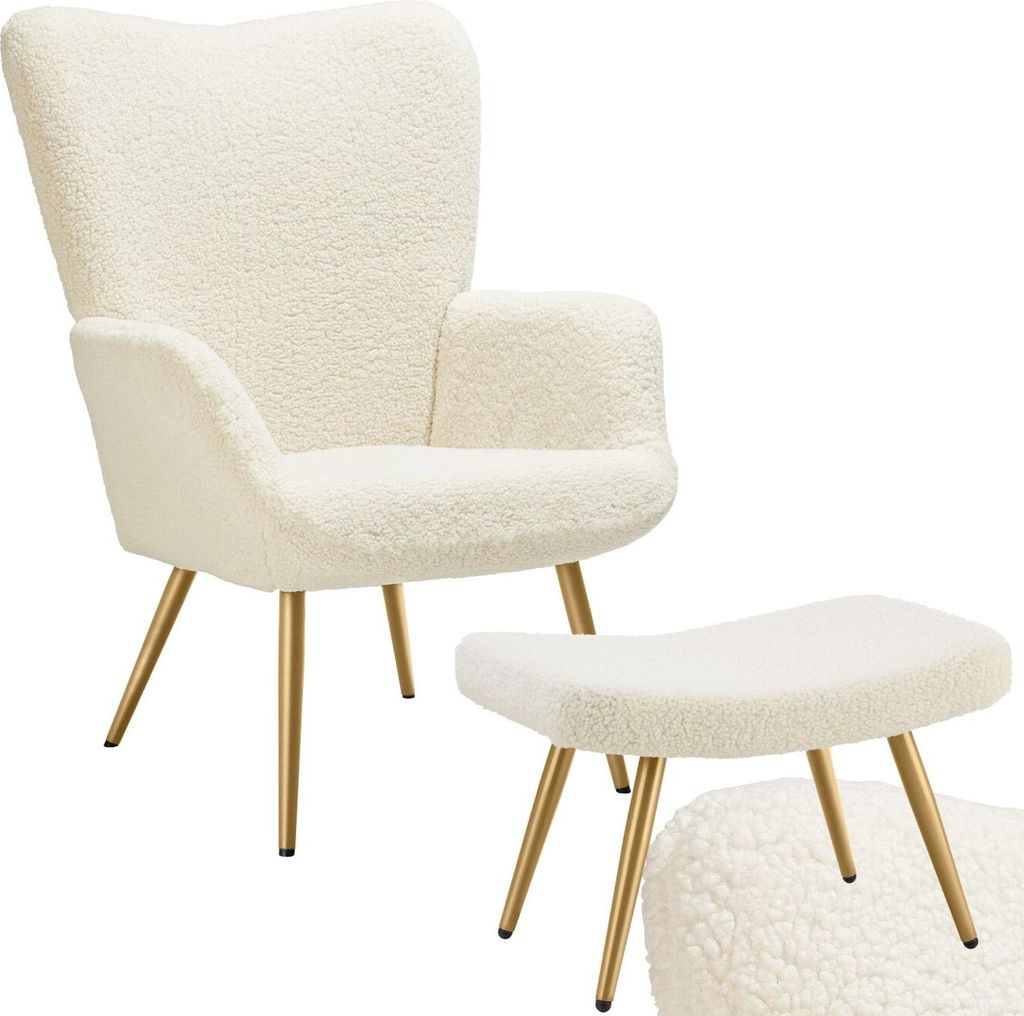 A cream-colored, plush armchair and ottoman with gold legs, presented on a white background.