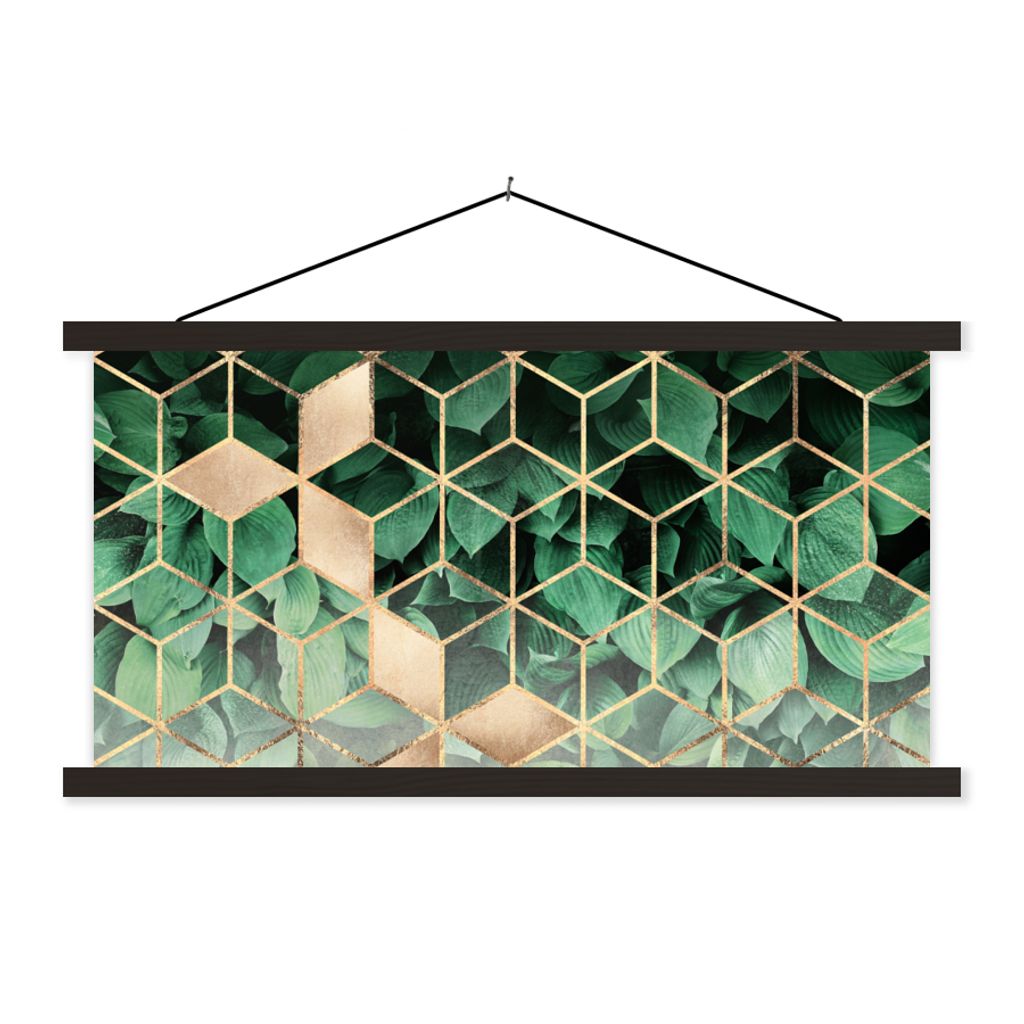 MuchoWow Textilposter Blätter - Gold - Würfel - Luxus 60x30 cm mit schwarzem Rahmen - Textilien