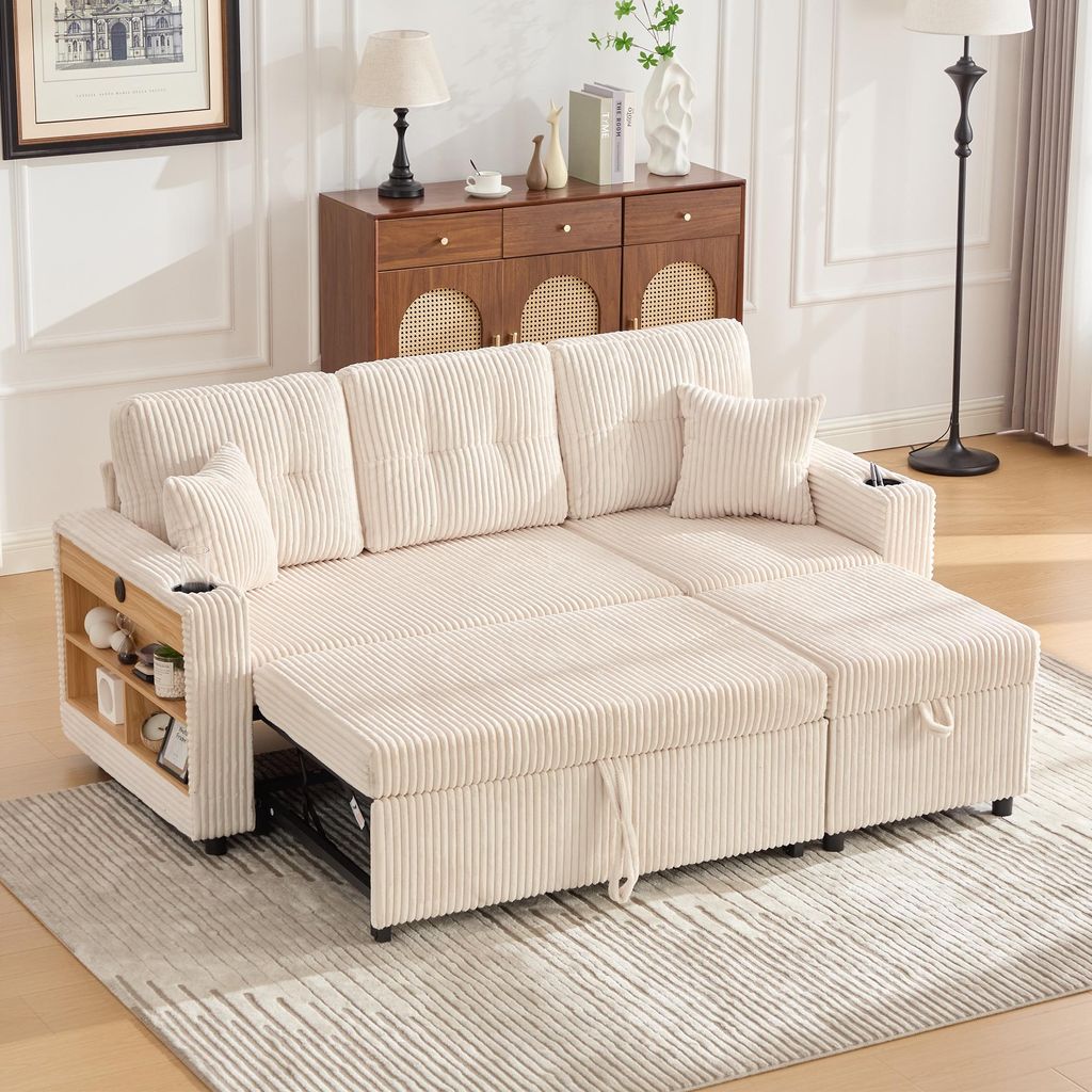 MODFU Mehrfunktionales Klappsofa Chaiselongue mit USB-C-Anschlusses und LED-Ambientebeleuchtung,Polstermöbel Sofa mit Getränkehaltern und Armlehn...