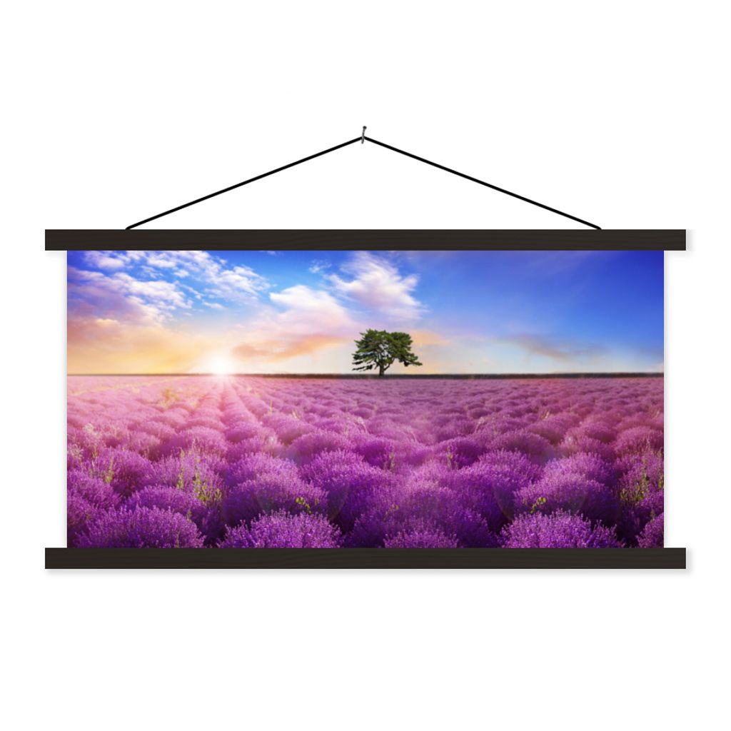 MuchoWow Textilposter Lavendel - Baum - Sonnenuntergang - Lila 60x30 cm mit schwarzem Rahmen - Textilien