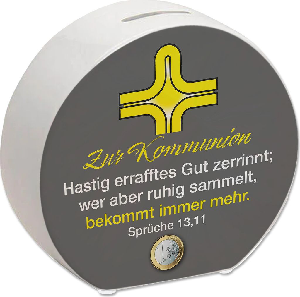 Sprüche 13,11 Bibelvers Spardose in grau zur Kommunion