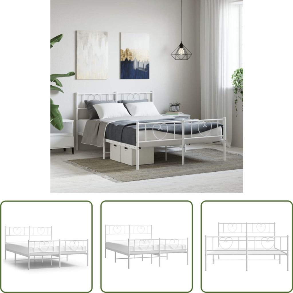 The Living Store Bettgestell mit Kopf- und Fußteil Metall Weiß 120x200 cm