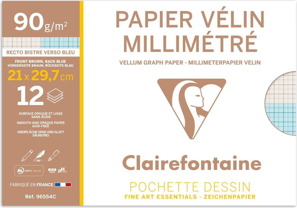 Clairefontaine 10x Millimeterpapier A4, Packung mit 12 Blatt 90g 96554C