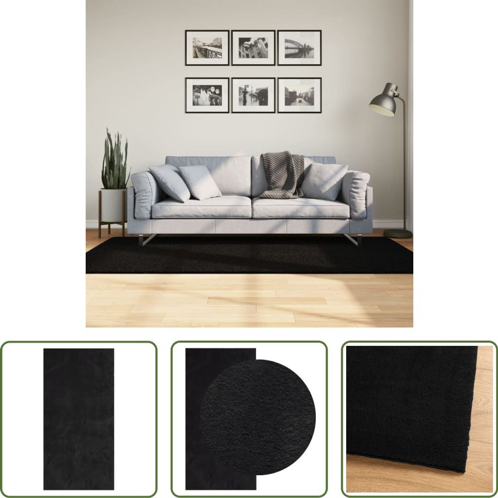 The Living Store Teppich HUARTE Kurzflor Weich und Waschbar Schwarz 100x200 cm