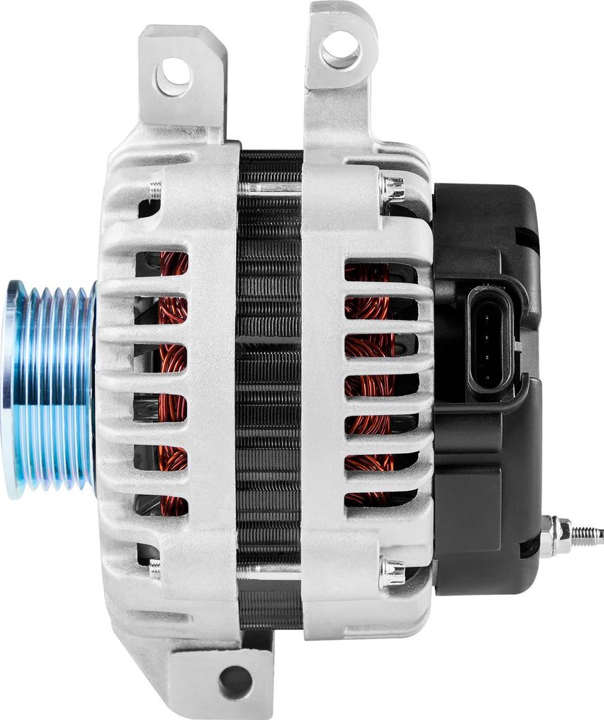 A side view of an automotive alternator.