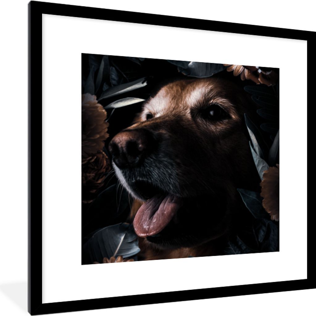 MuchoWow MuchoWow Gerahmtes Poster Hund - Blumen - Blätter - Botanisch 40x40 cm - Poster mit zchwarzem Bilderrahmen - Poster - Plakat im Rahmen