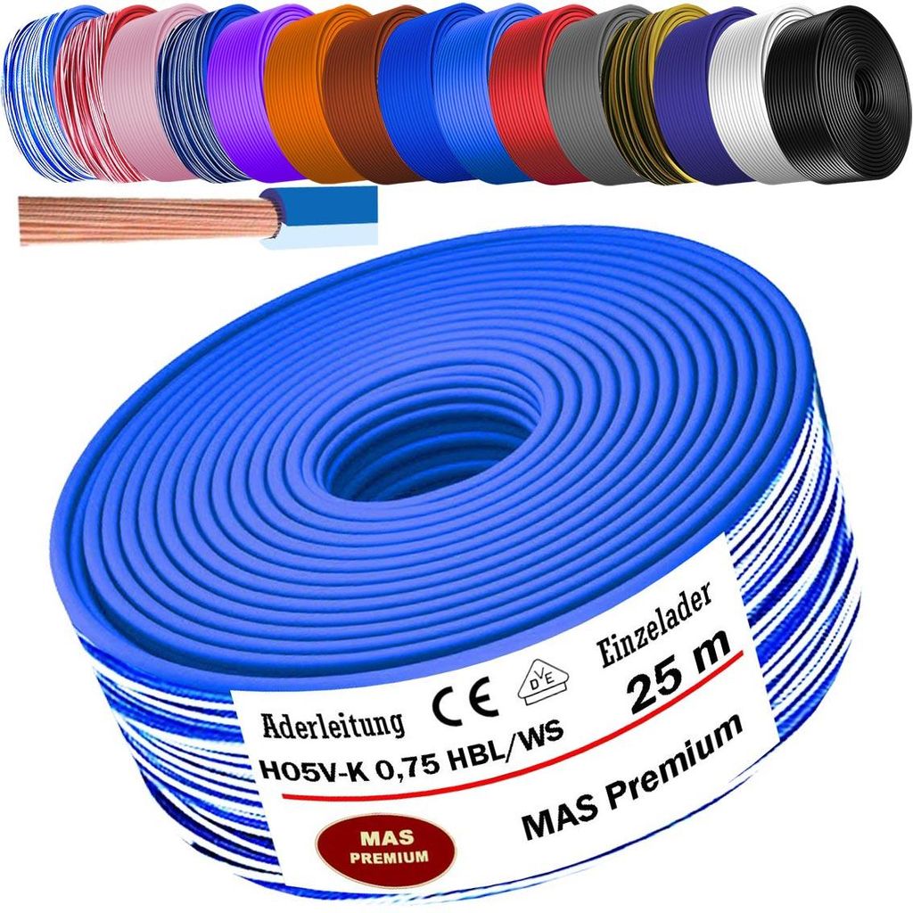 25m Aderleitung H05 V-K 0,75 mm² Hellblau-Weiß Einzelader Produktbild 