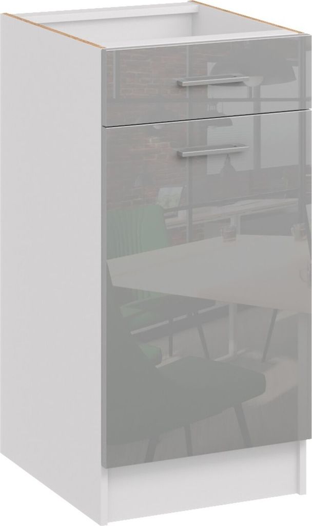 A kitchen base cabinet with two drawers and one door, shown from a 3/4 front angle.