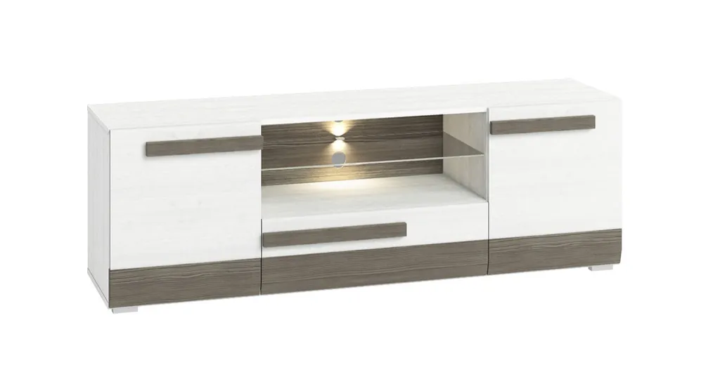 Grand meuble TV ILKO en bois de pin - Support multimédia blanc et gris