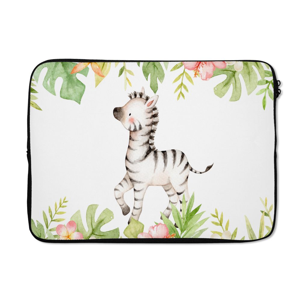 MuchoWow Laptop Hülle 13 Zoll Zebra - Blumen - Dschungel - Aquarell Laptoptasche - Laptophülle - Sleeve - Rundumschutz