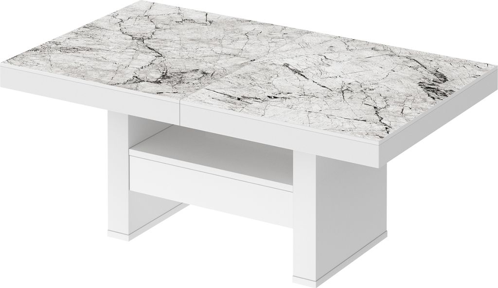 Design Couchtisch Tisch HLU-111 Marmoroptik Hochglanz - Weiß Hochglanz Schublade höhenverstellbar ausziehbar Esstisch
